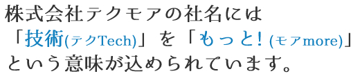 株式会社テクモアの社名には「技術(テクTech)」を「もっと! (モアmore)」という意味が込められています。